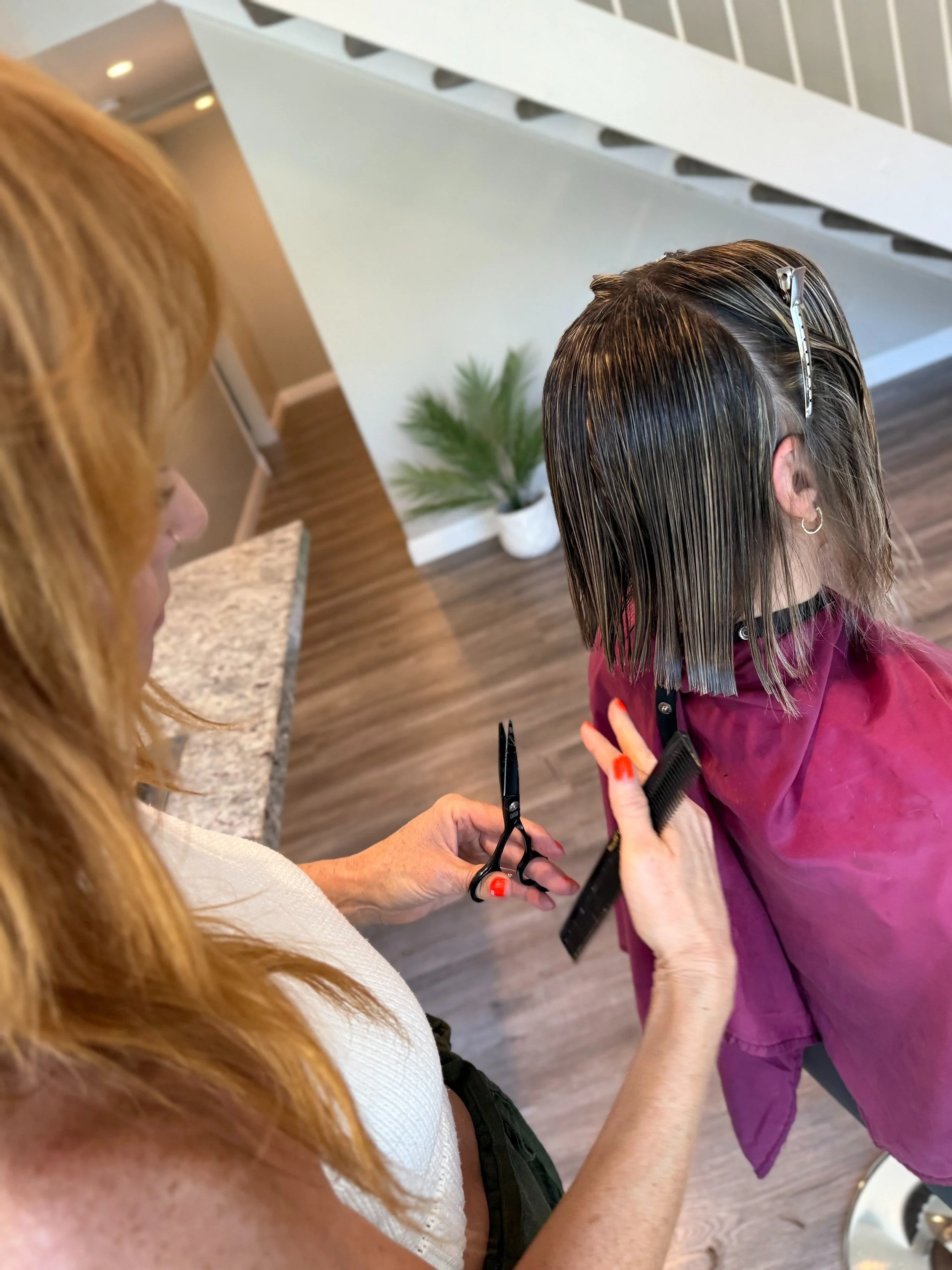 A hairstylist cutting a woman's wet, shoulder-length hair in a salon. The stylist is holding scissors in her right hand and a comb in her left. The woman is seated with a salon cape draped over her shoulders. A potted plant is visible in the backgrou