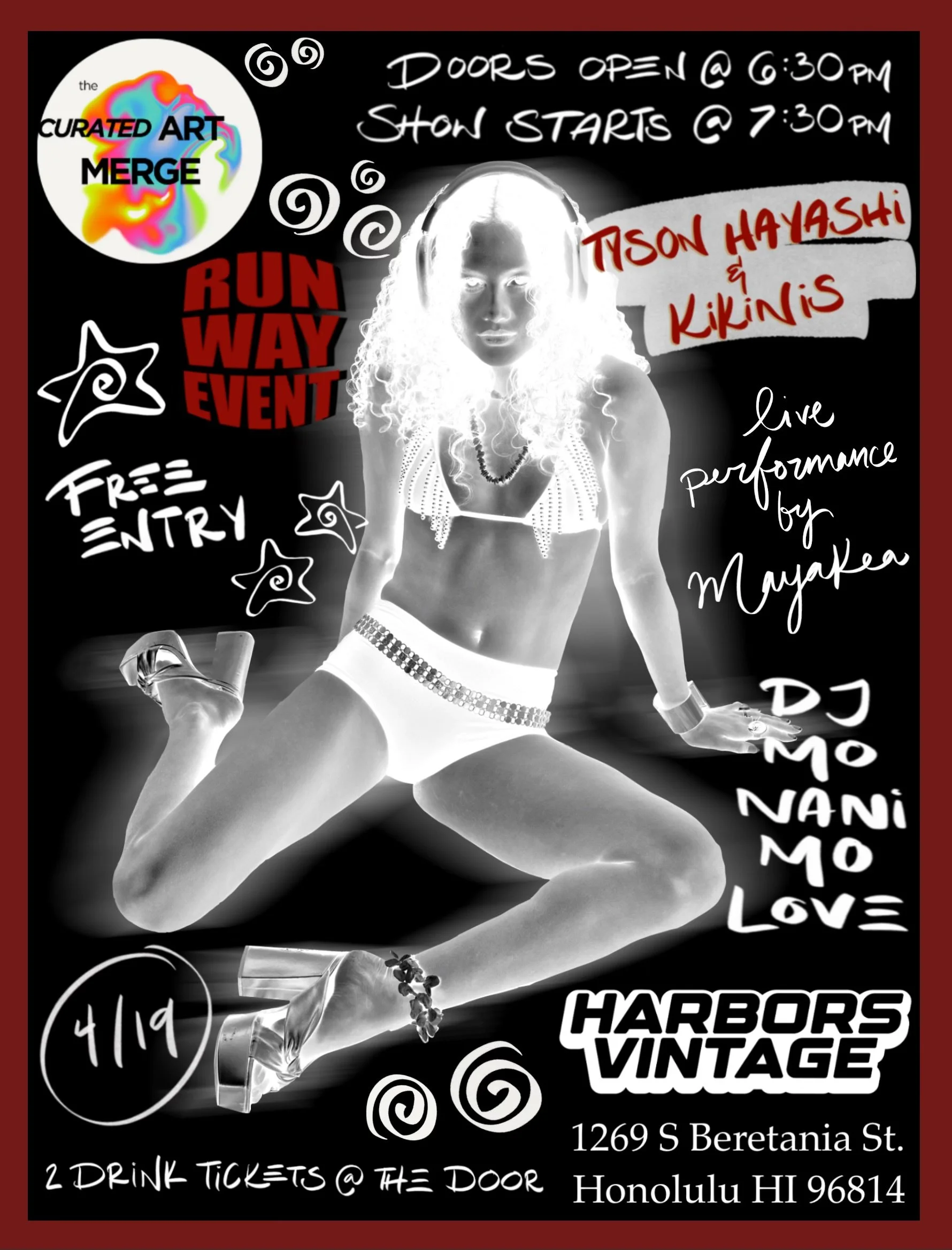 Event poster for the Curated Art Merge Runway Event featuring a black-and-white photo of a woman in dance or fashion pose, with hand-drawn text and images. Includes details about the event date, time, location, performers, and entry information.