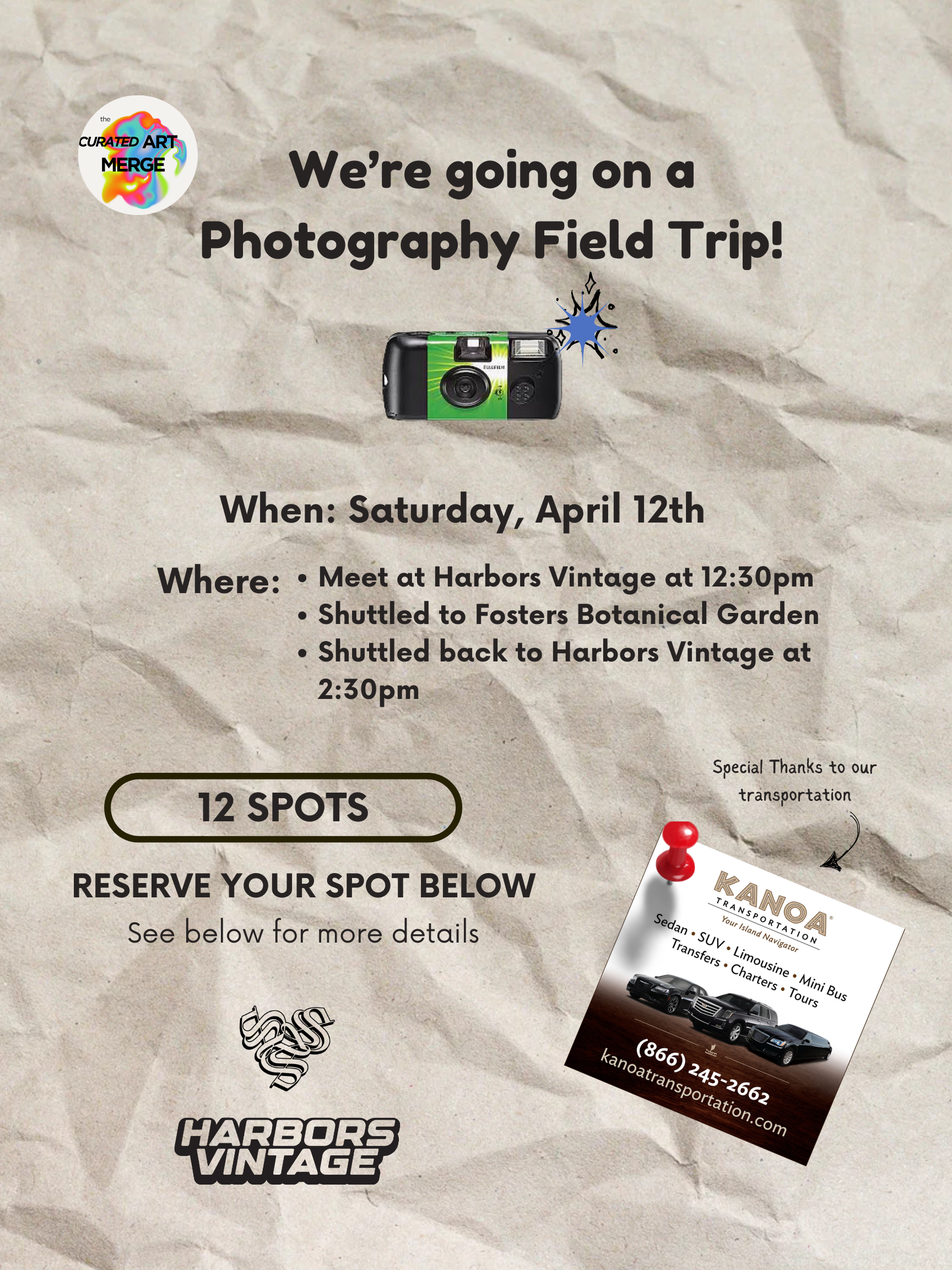 Flyer for a photography field trip on Saturday, April 12th, with details about meet-up, shuttle, and reservation information. Includes logos and images of a camera and transportation services.