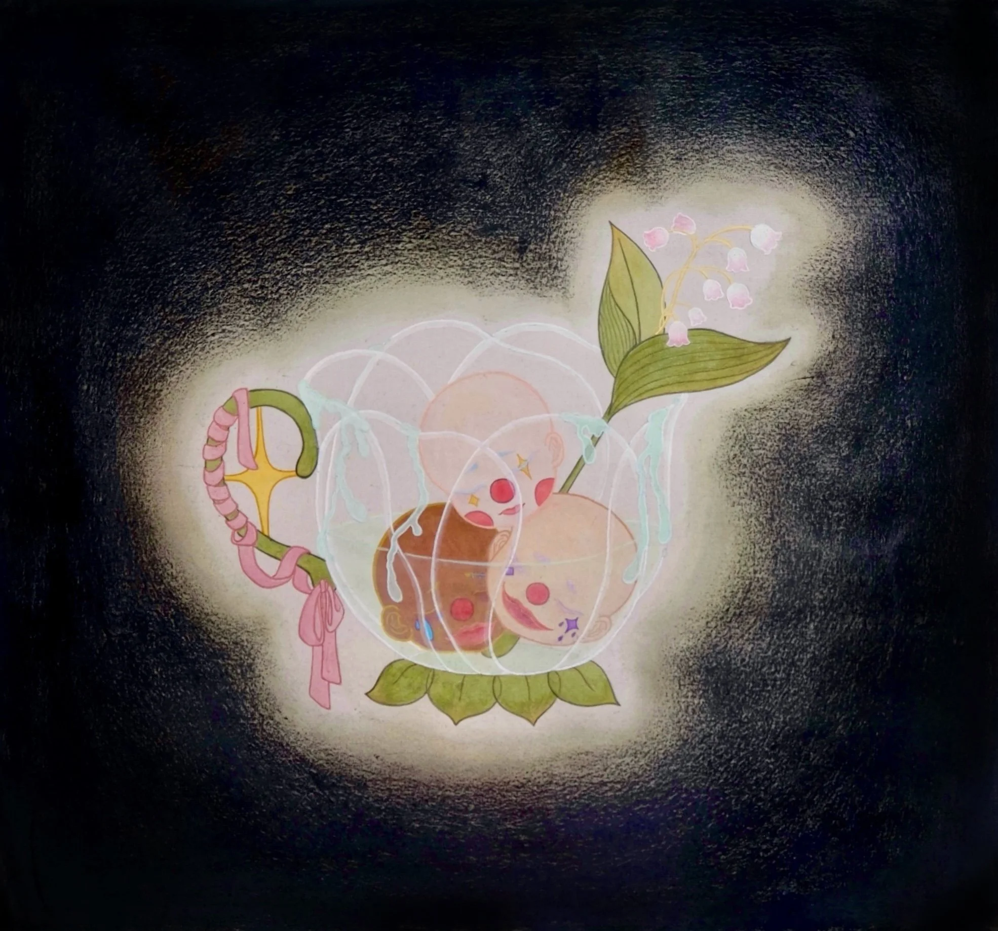 Afternoon Tea - They, in a Teacup,
2025,
28 x 26 cm,
Chinese painting pigments, watercolour, pastel and ink on silk