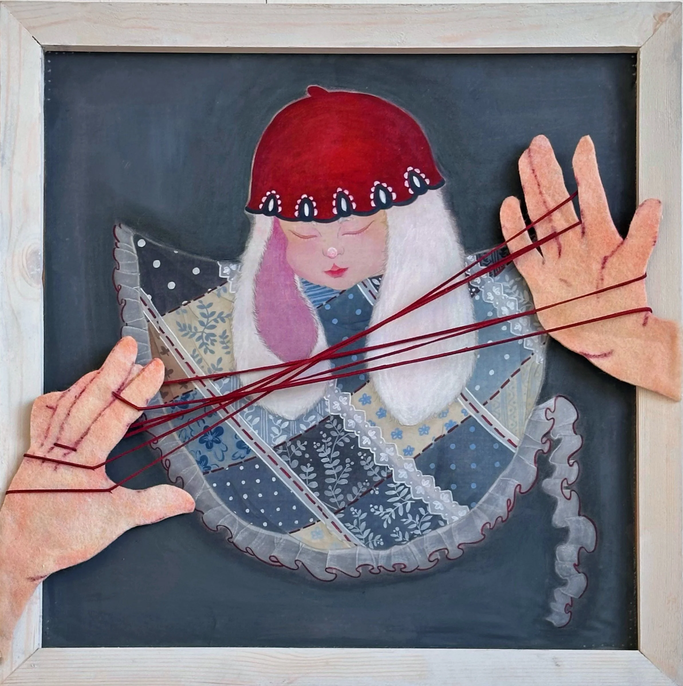 Cradle - Sing Me a Lullaby,
2024,
40 x 40 cm,
Chinese painting pigments, watercolour and suede cord on silk
