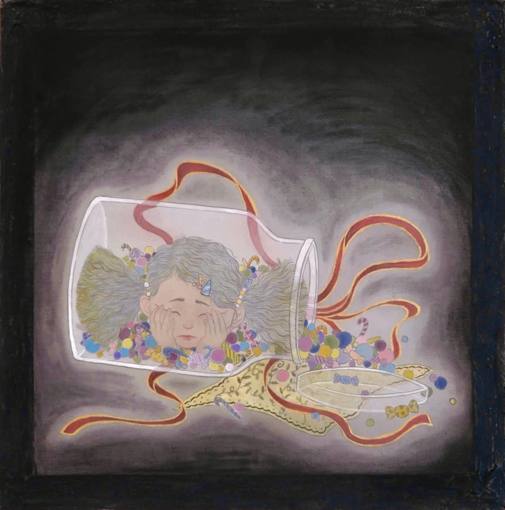 Sweet Trap II,
2025,
36x36cm,
Chinese painting pigments, watercolour, pastel and ink on silk