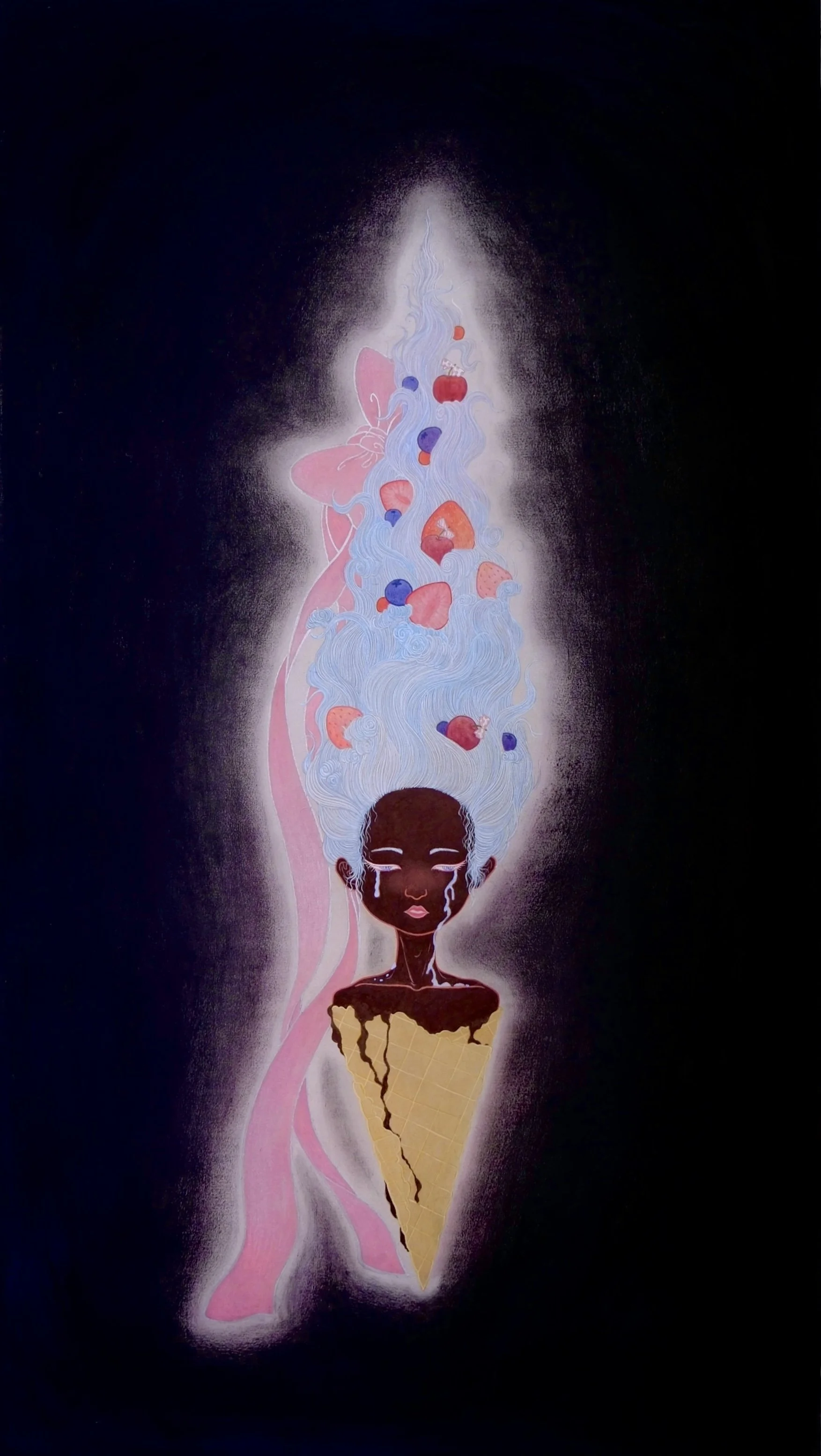 Afternoon Tea - Crying in a Cone,
2025,
44 × 78 cm,
Chinese painting pigments, watercolour, pastel and ink on silk