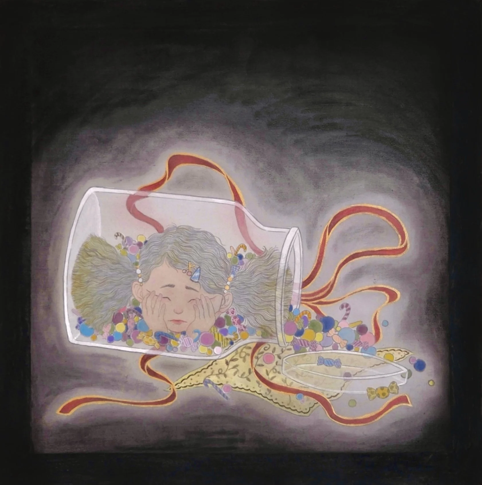 Sweet Trap II,
2025,
36 x 36 cm,
Chinese painting pigments, watercolour, pastel and ink on silk