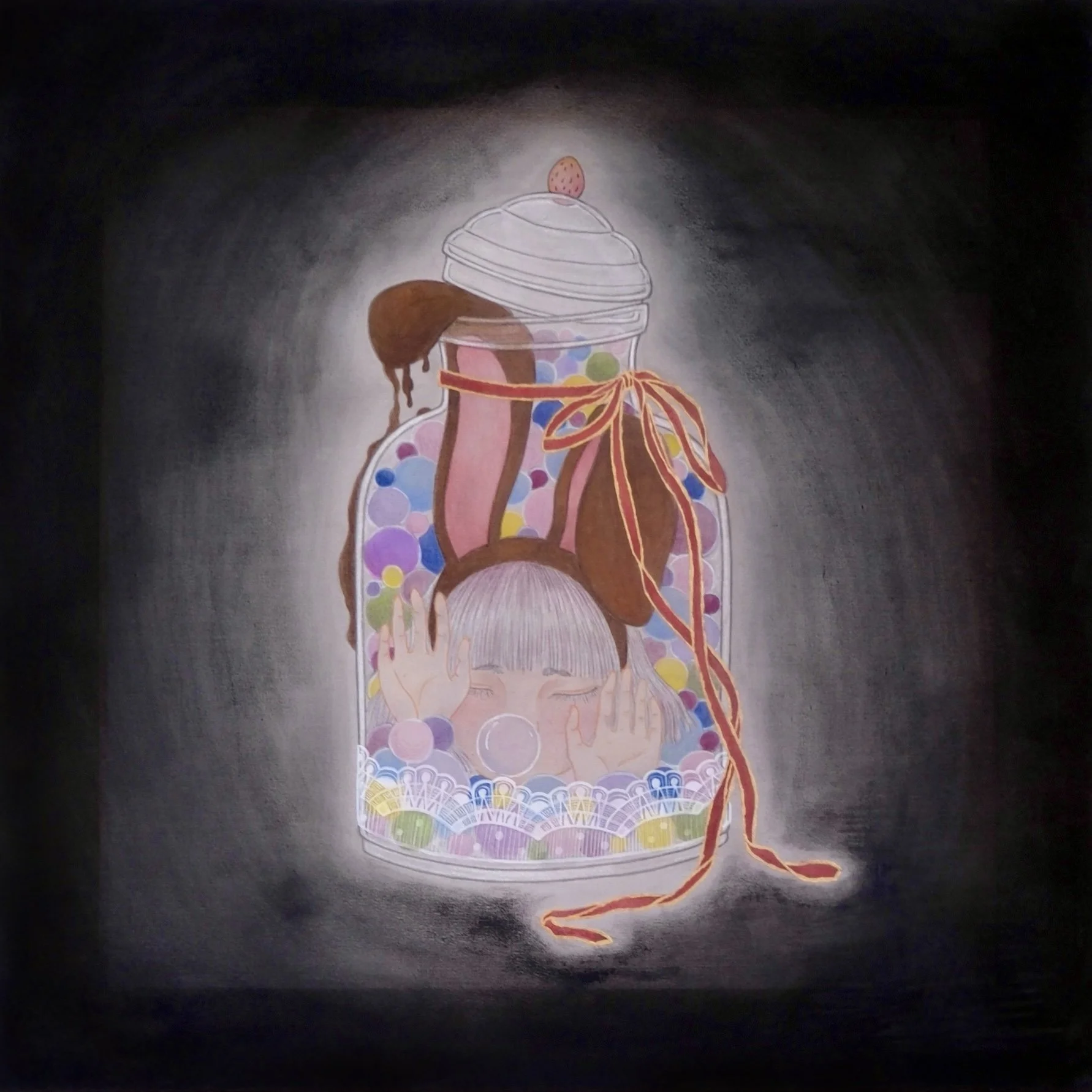 Sweet Trap I
2025,
45 x 45 cm,
Chinese painting pigments, watercolour, pastel and ink on silk