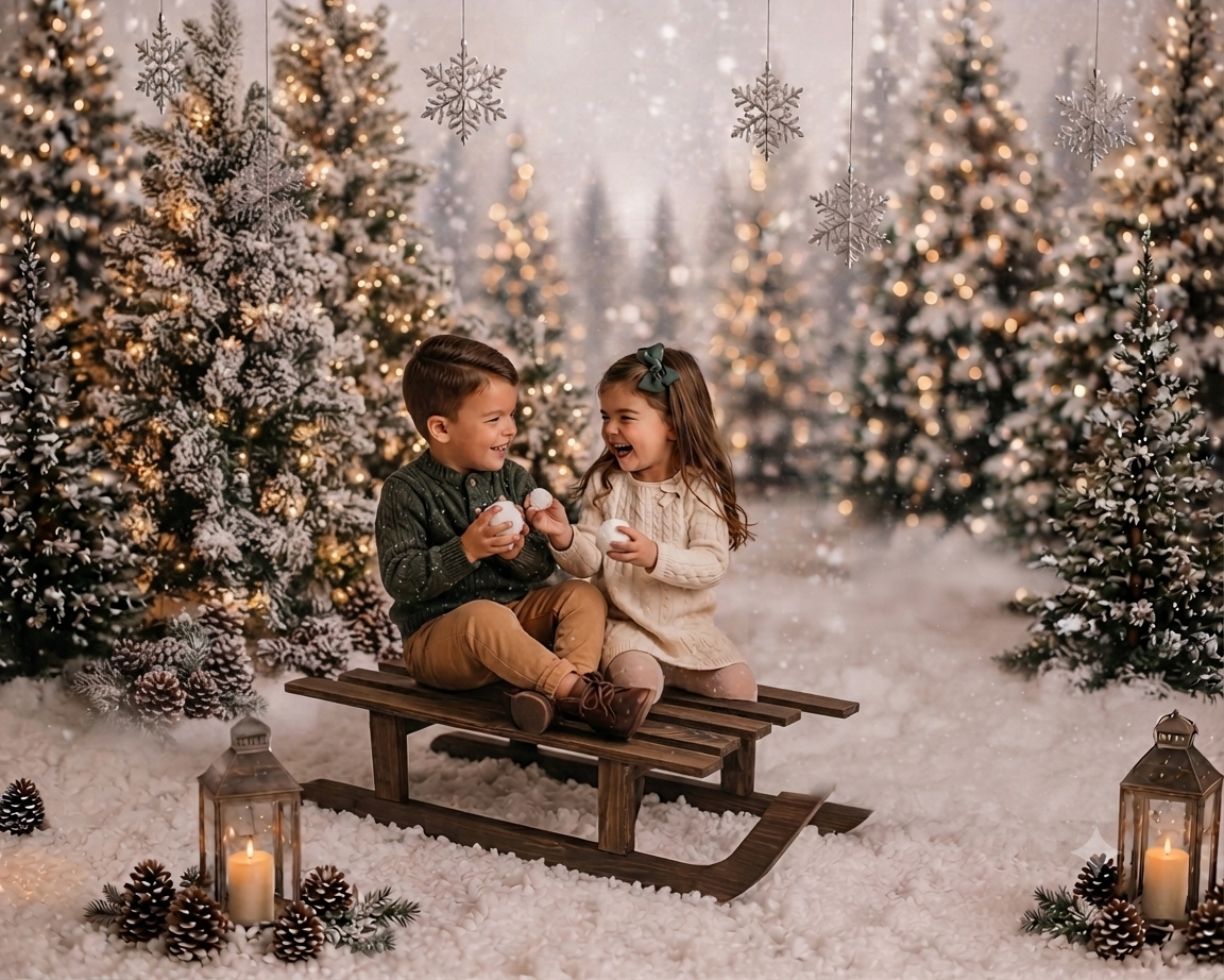 Two siblings sitting together on a wooden sled in the snow among the pine trees for some sibling christmas photos