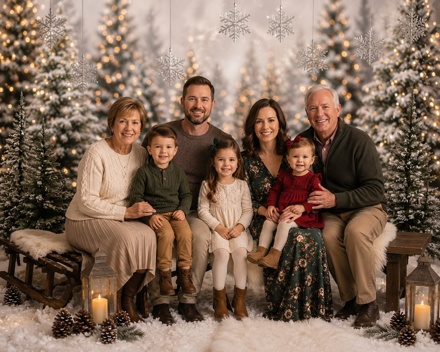A family with two grandparents, two parents, and three grandchildren cuddled together for a generational christmas family photos