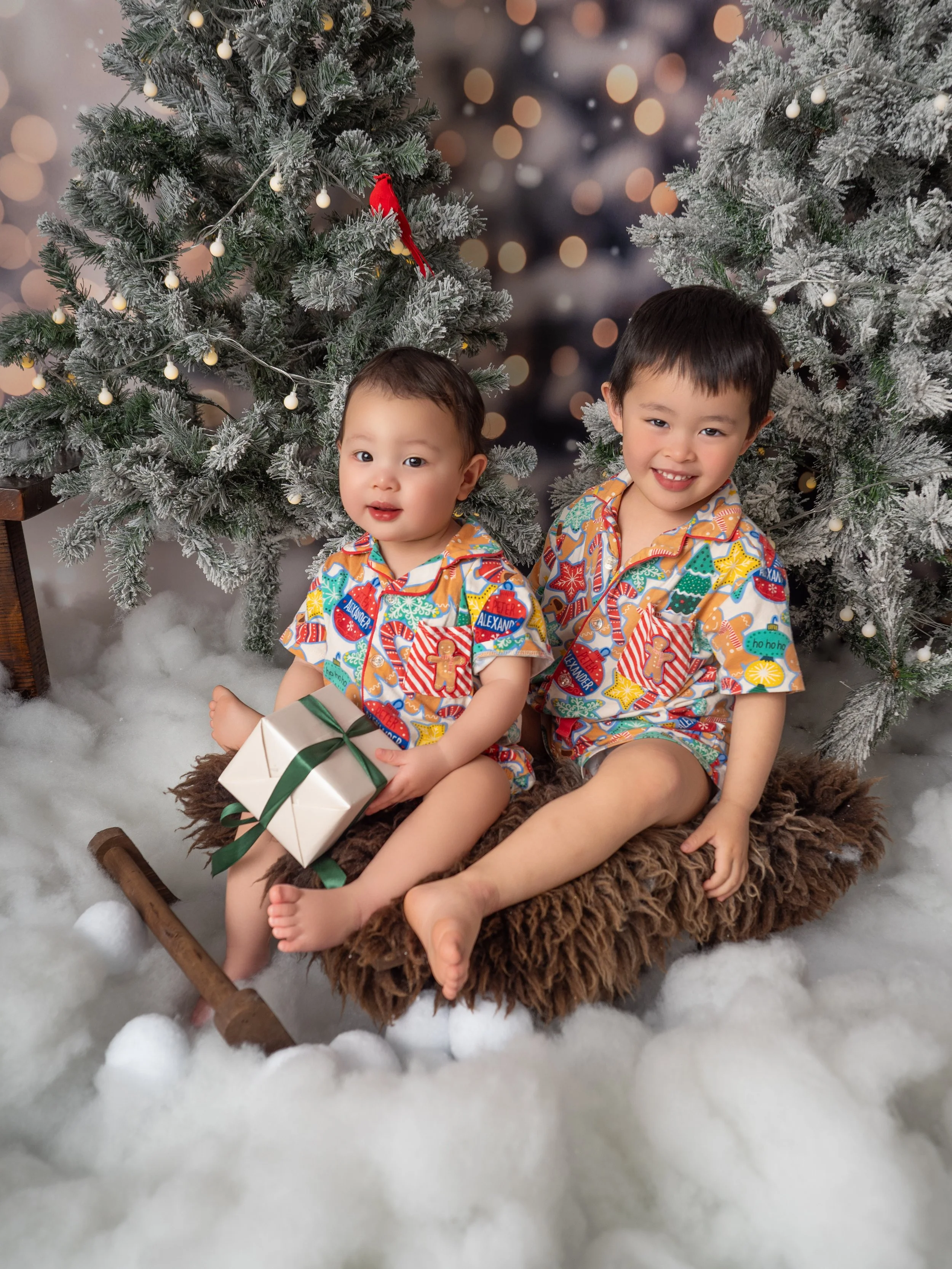 Two cheeky young Asian brothers in coordinating Christmas clothes are sitting on a rustic wooden sled topped with natural brown sheepskin surrounded by now and lit up pine trees in a studio Christmas set