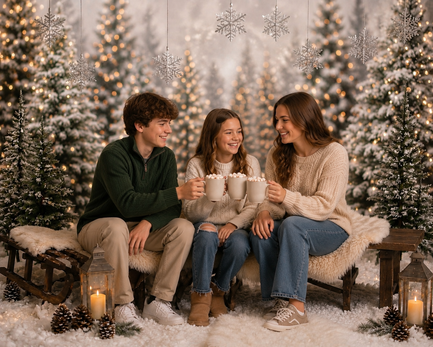 Three teen siblins cheersing their three mugs of hot chocolate for a christmas photo shoot
