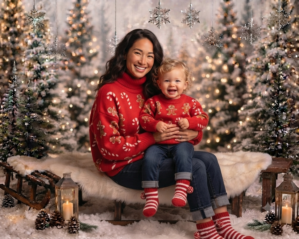 A single mother and her child wearing matching festive christmas jumpers and socks for a christmas mini session
