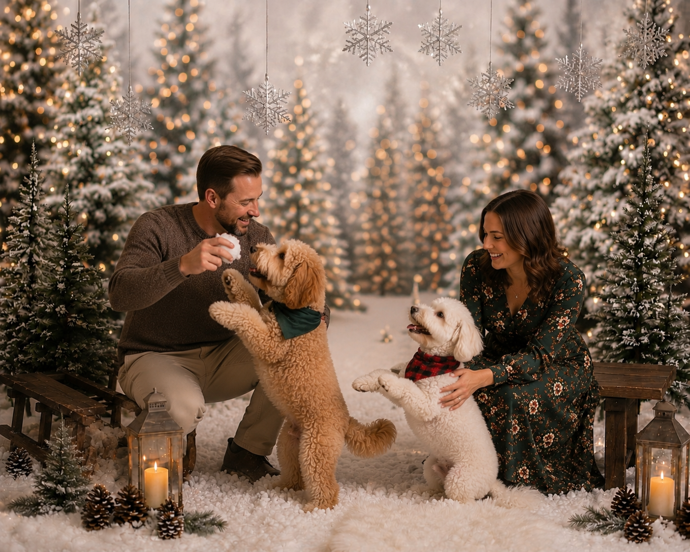 A couple playing with their two dogs throwing snow balls in a festive christmas photo shoot