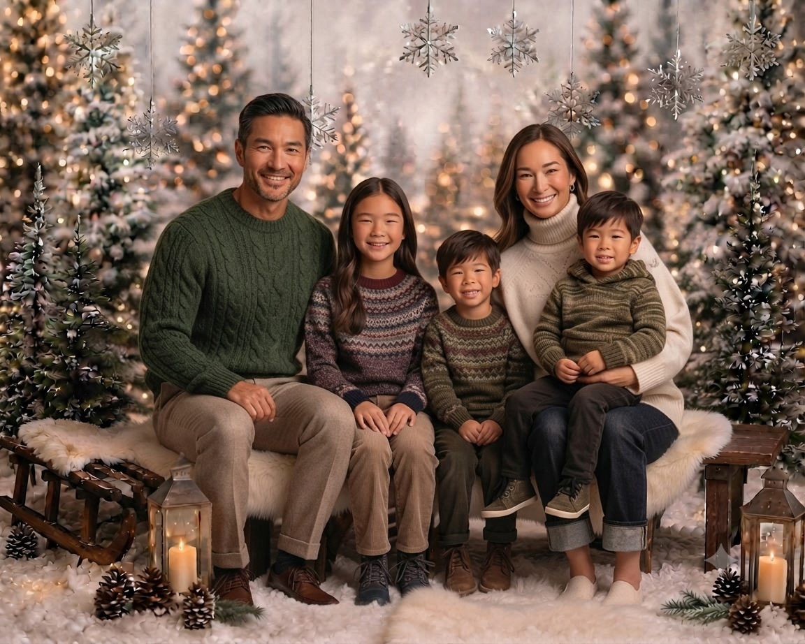 An Asian family of four dressed in neutral chunky knit jumpers for their annual family christmas photo session.