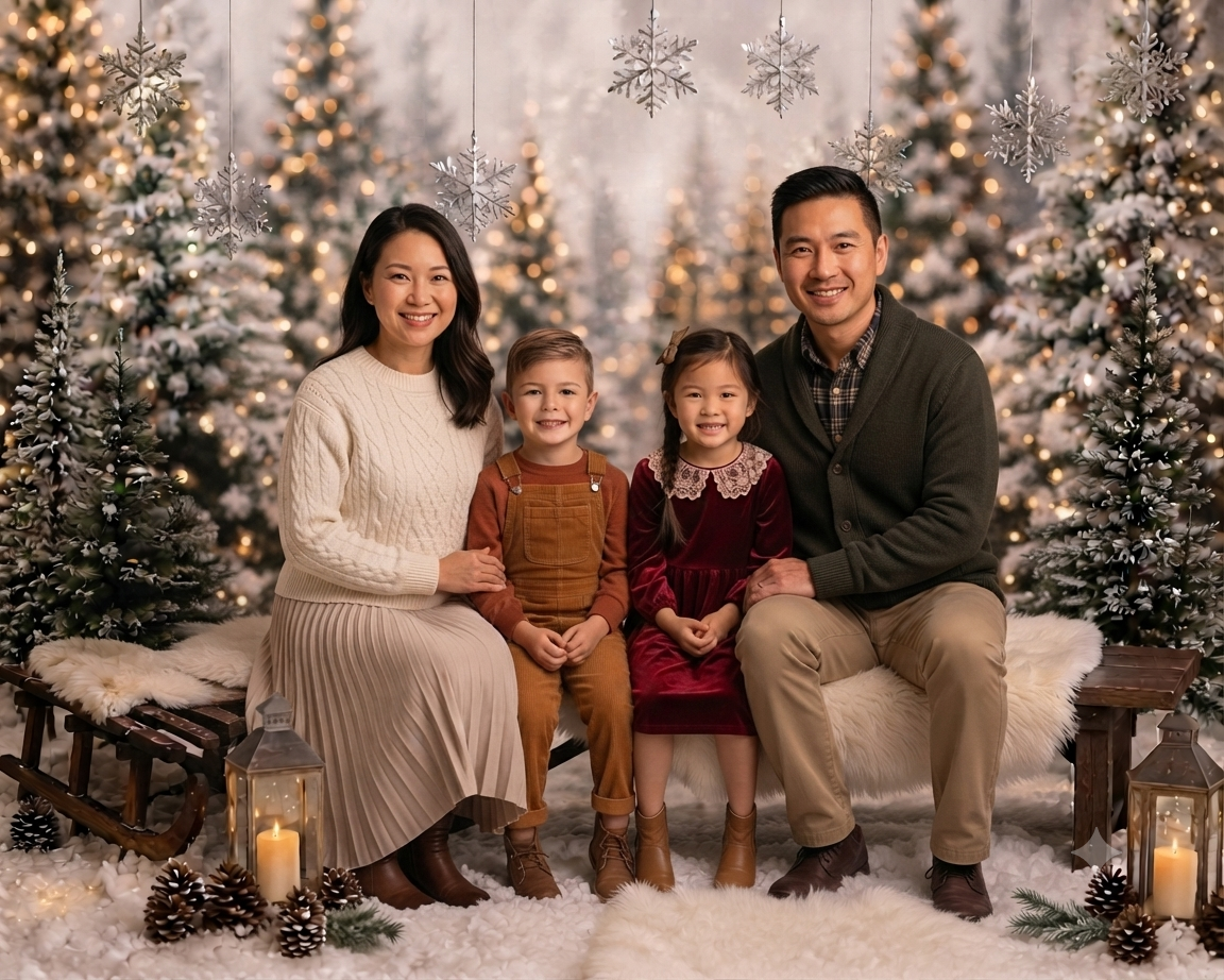 An Asian family of four sitting together  on a wooden bench seat among snowy pines trees and laterns  for some christmas family photos.