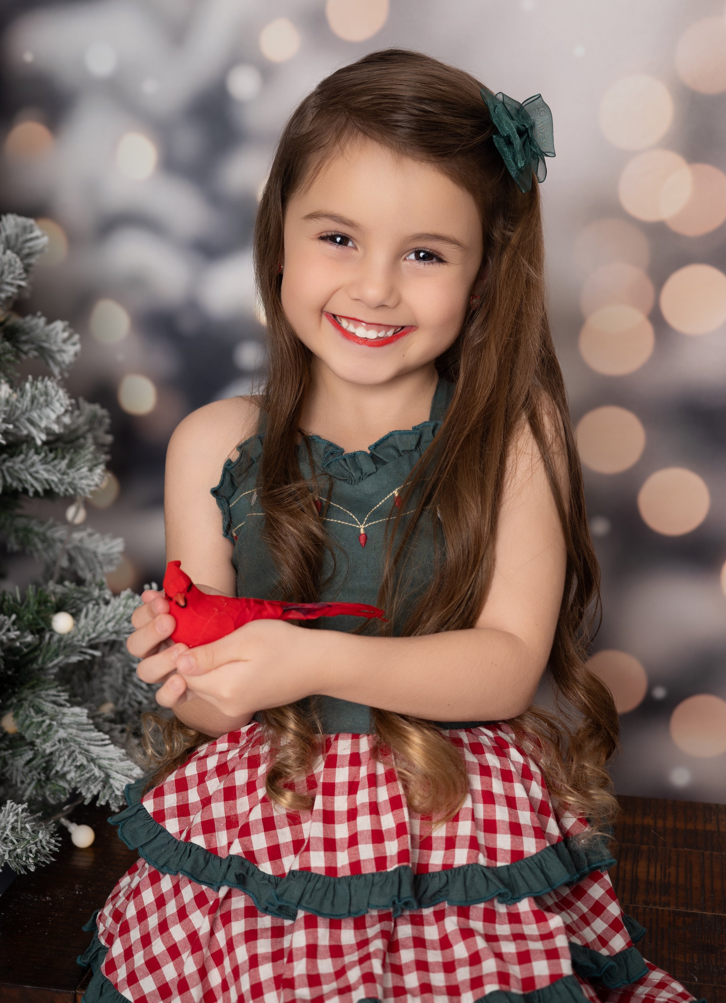 Young girl in a burgundy Christmas dress holding a red cardinal beside a decorated Christmas tree