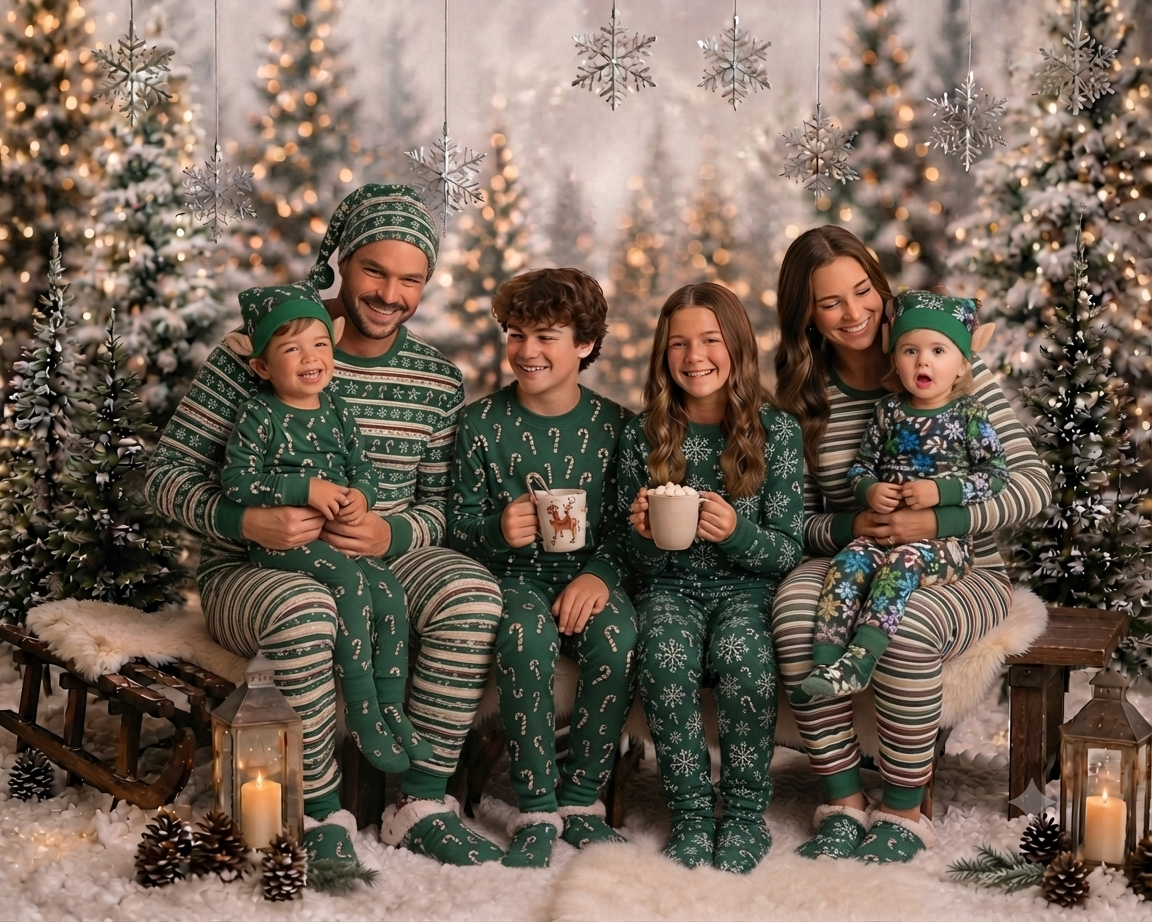 A family of 6 in funky coordinating christmas pjs for a fun christmas photo