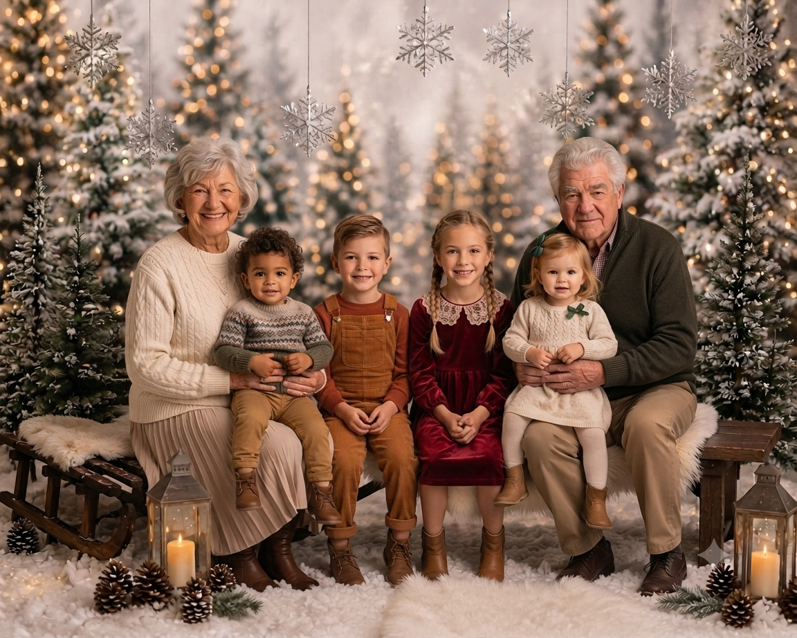 two grandparents with their 4 granchildren seated on a bench for some generational christmas photos