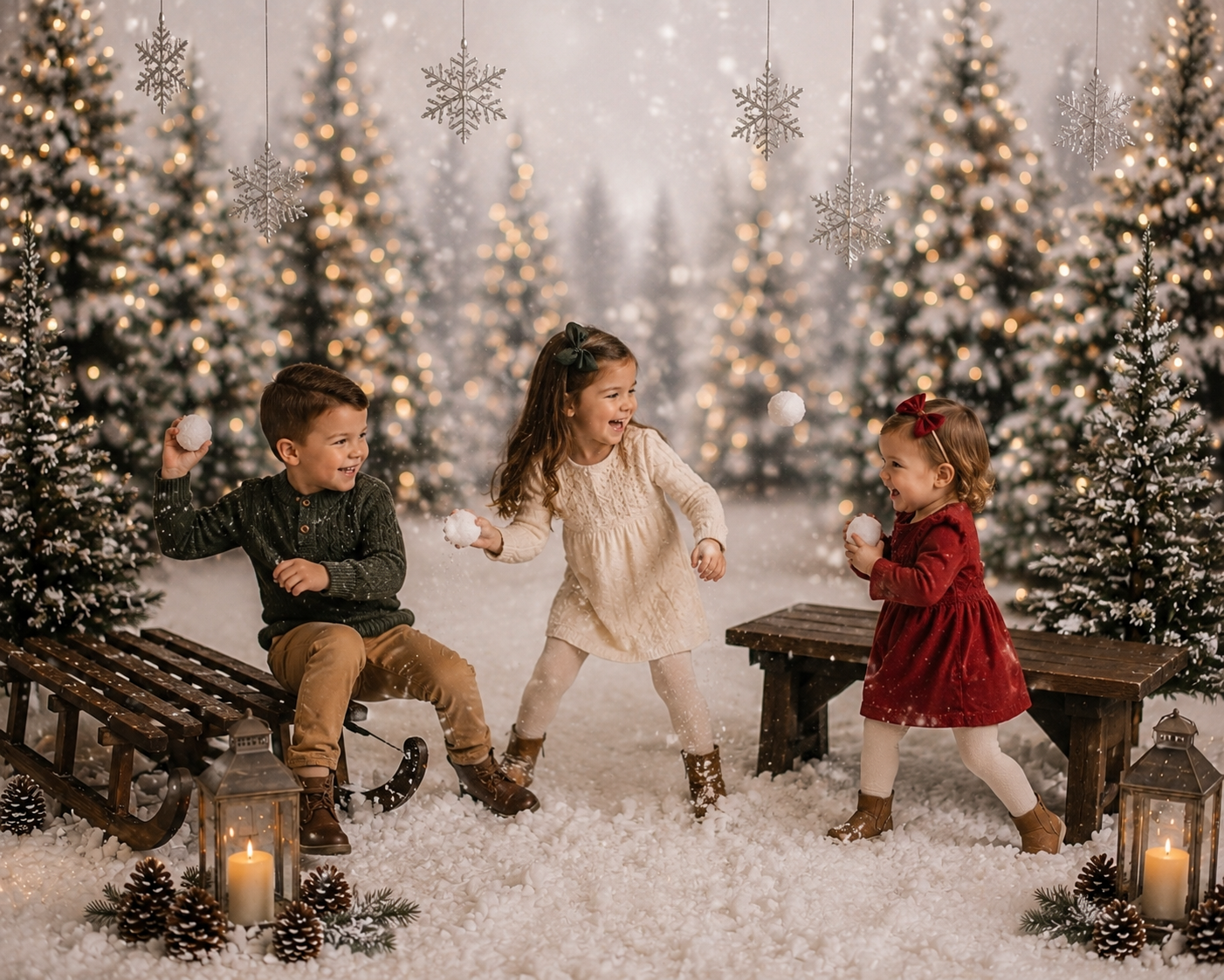 Three siblings throwing snowballs in a festive Christmas mini session