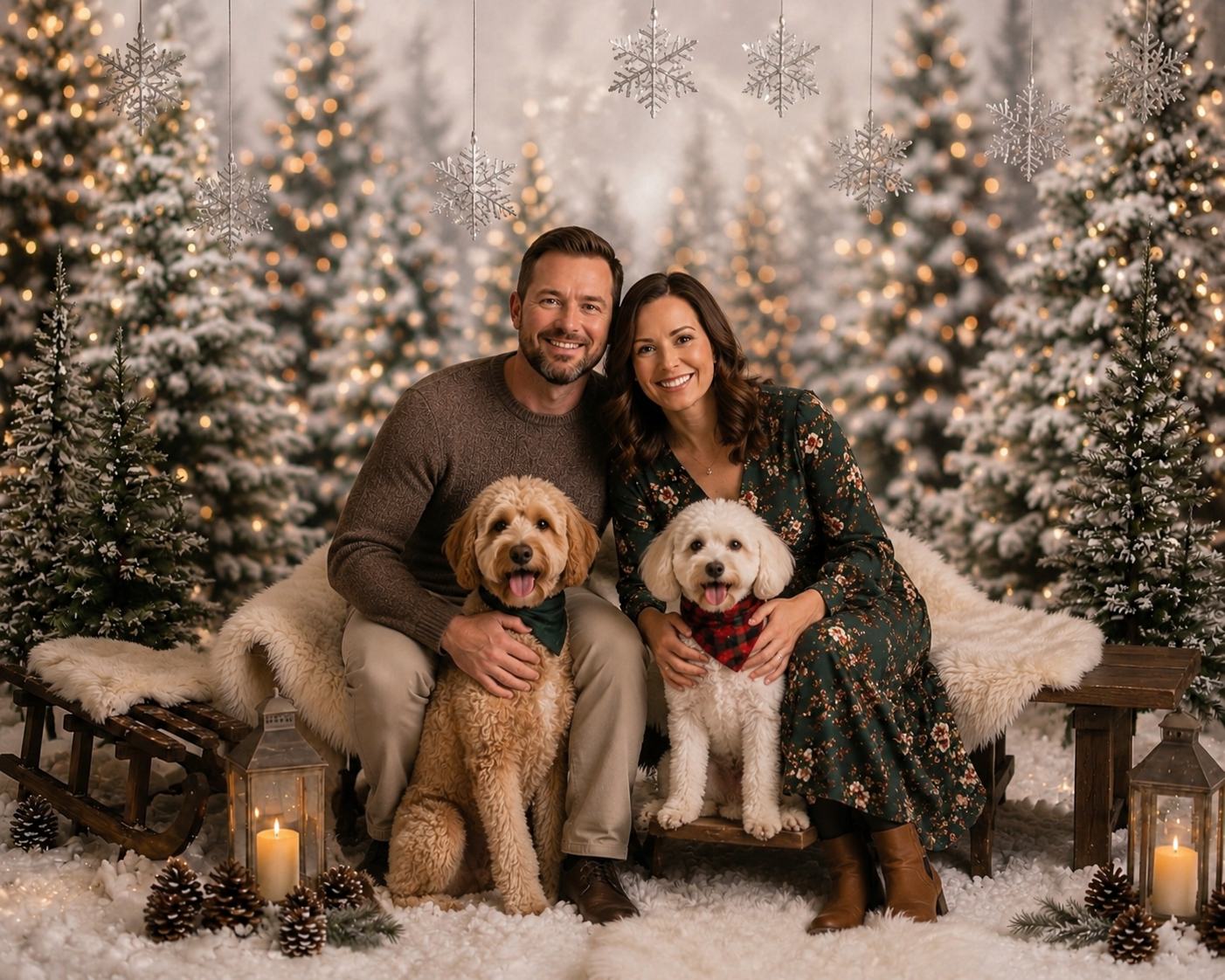 A couple cuddling their two dogs  in a christmas photo