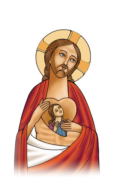 A religious illustration of Jesus Christ with a halo, holding a woman and a child, symbolizing the Holy Family, with Christ's face depicted with a gentle expression, wearing a red robe and a white cloth.