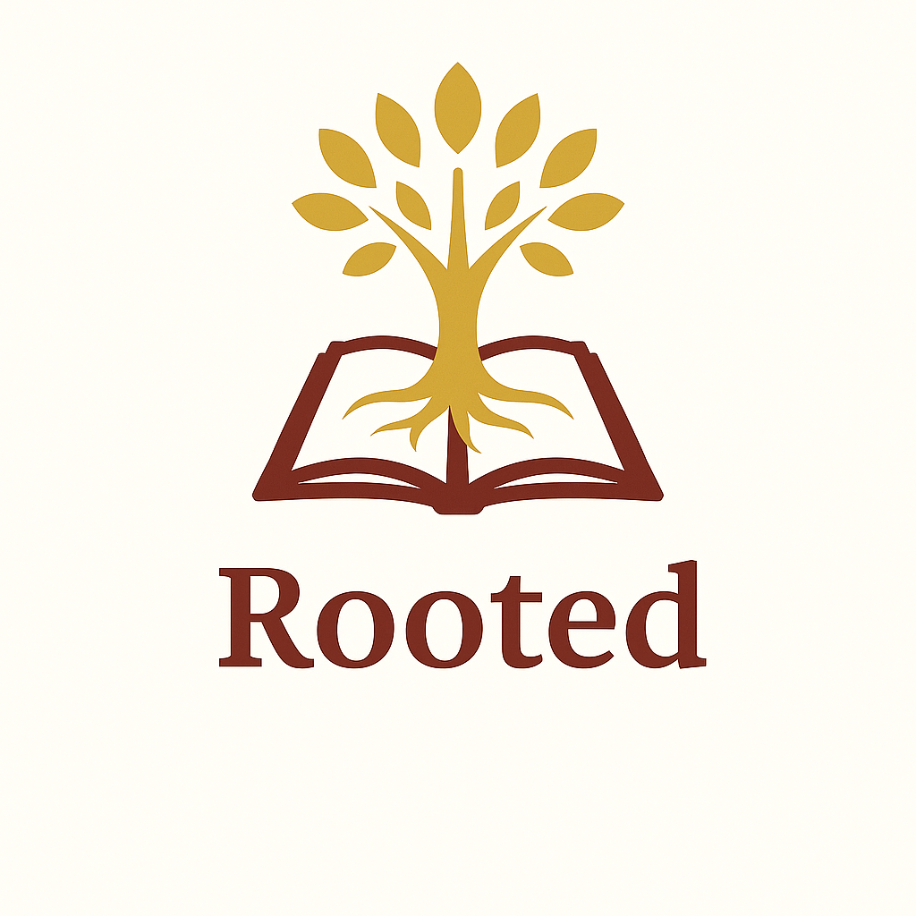 Logo featuring a tree with roots and leaves emerging from an open book, with the word "Rooted" written below.