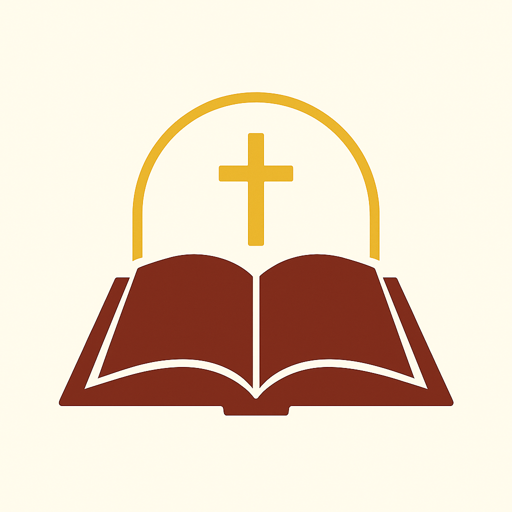 An open Bible with a gold cross and arch above it