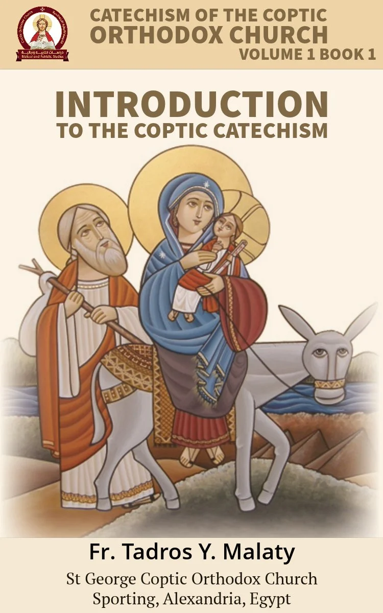 Book cover titled 'Catechism of the Coptic Orthodox Church, Volume 1, Book 1, Introduction to the Coptic Catechism.' It features an Orthodox Christian icon of the Virgin Mary holding baby Jesus, accompanied by a bearded man, possibly Saint Joseph, riding a white donkey in a desert landscape with water and mountains in the background. The book is authored by Fr. Tadros Y. Malaty, associated with St. George Coptic Orthodox Church in Sporting, Alexandria, Egypt.