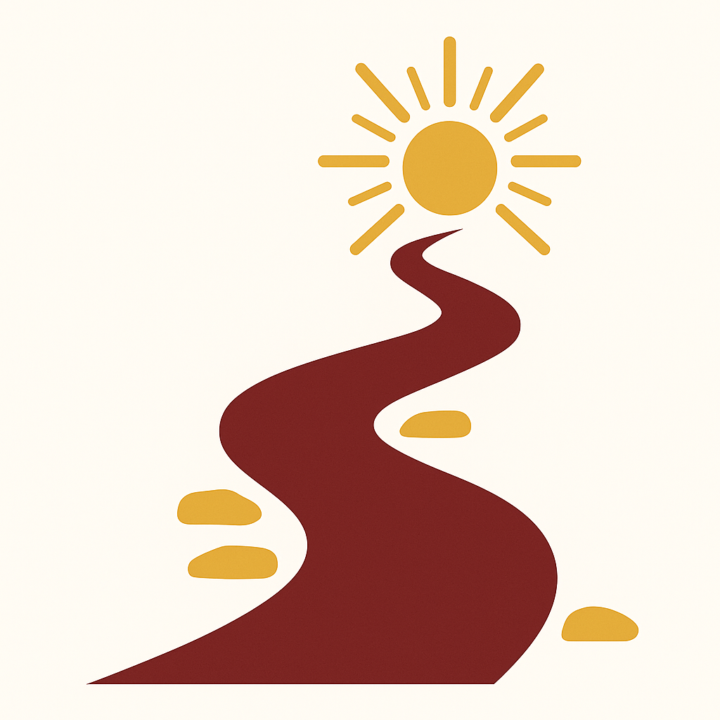 Simplified illustration of a winding path leading to a large sun with rays, set against a plain background.