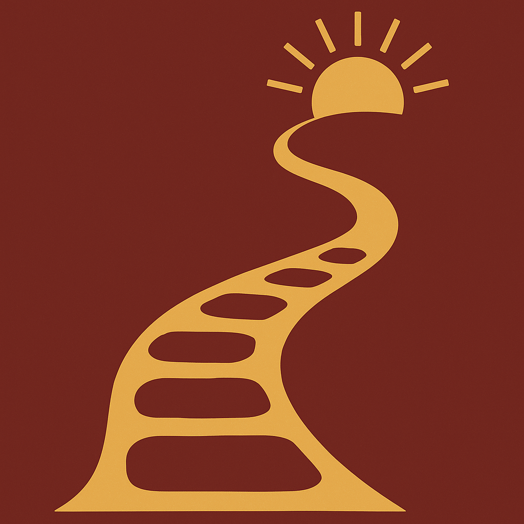 A stylized yellow pathway leading to a yellow sun setting on the horizon against a dark red background.