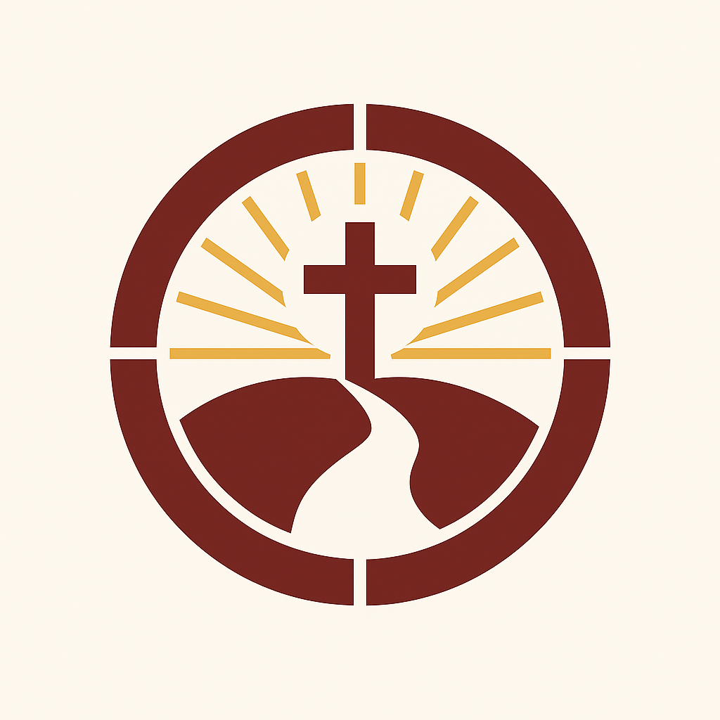A stylized religious emblem featuring a cross with rays of light, a winding path, and rolling hills inside a circular border.