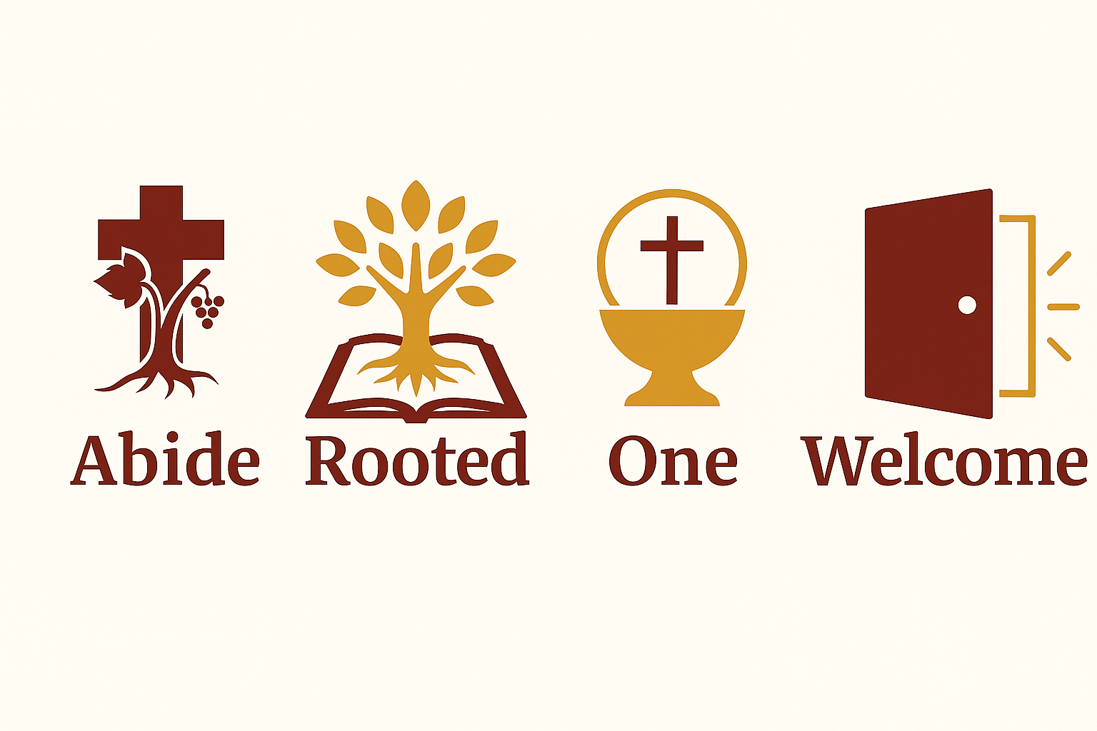 Graphic with religious symbols and the words "Abide Rooted One Welcome". A cross with a leaf and grapes, a tree on an open book, a chalice with a cross, and an open door are depicted.
