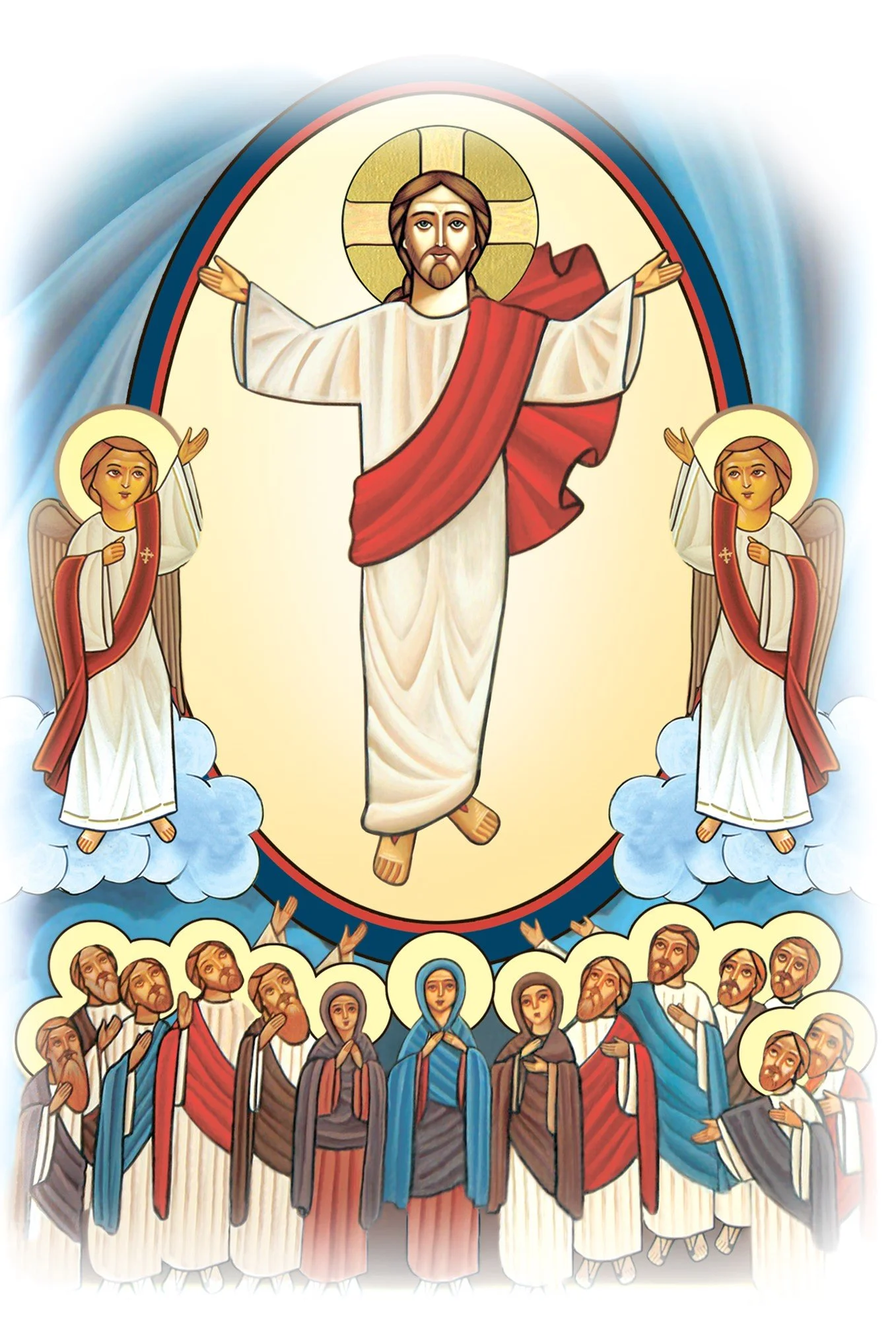 Christian religious icon depicting Jesus Christ ascending to heaven surrounded by angels, saints, and heavenly figures, with a golden halo and a vibrant background.