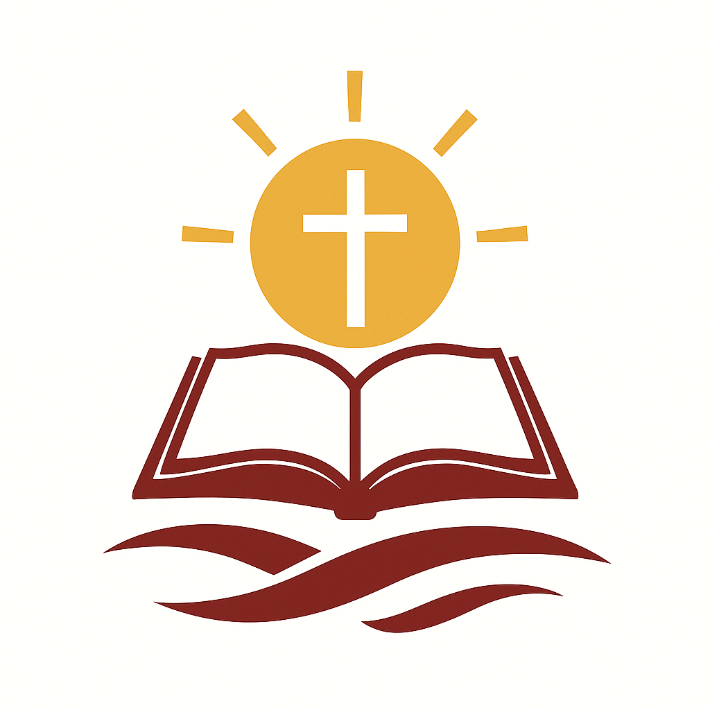 A Christian-themed logo featuring an open book, a sun with a cross in the center, and rays emanating from it.