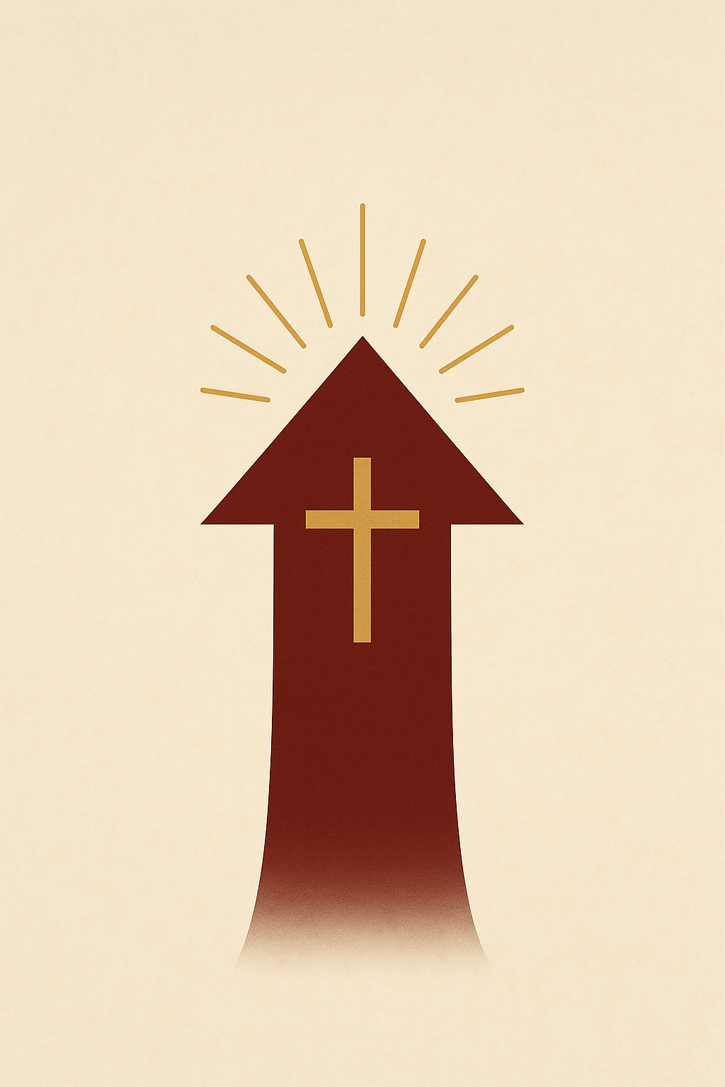 A stylized graphic of a brown upward arrow with a gold cross in the center, surrounded by radiating gold lines, on a light beige background.