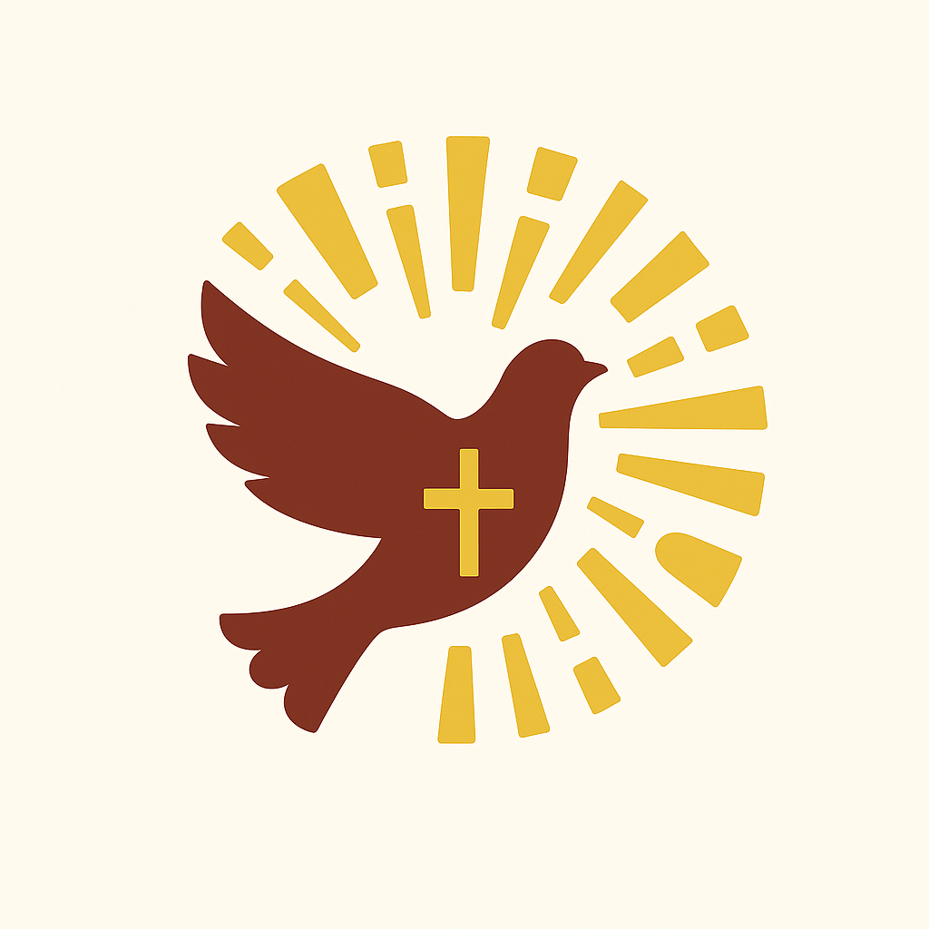 A stylized brown dove with a gold cross on its chest, surrounded by radiating gold lines against a light background.