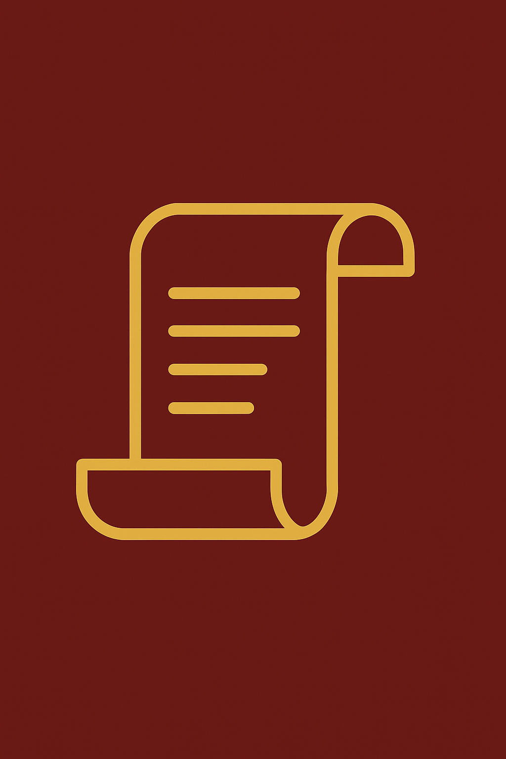 Stylized yellow outline of a paper scroll or document on a dark red background.