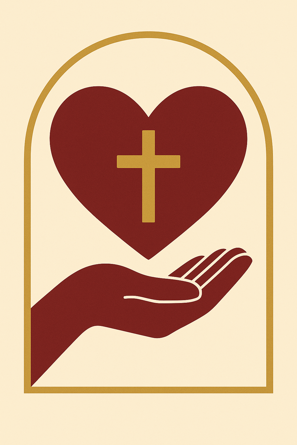 A graphic illustration of a hand holding a heart with a cross inside it, framed by an arch.