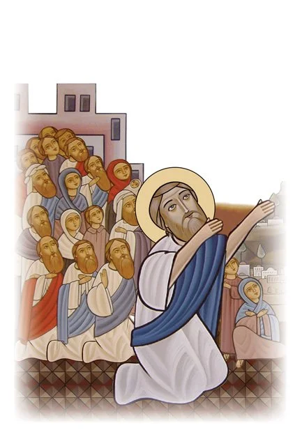 Religious illustration of Jesus praying, with a halo and blue and white robes, in front of a group of people, some wearing head coverings, in a city setting.