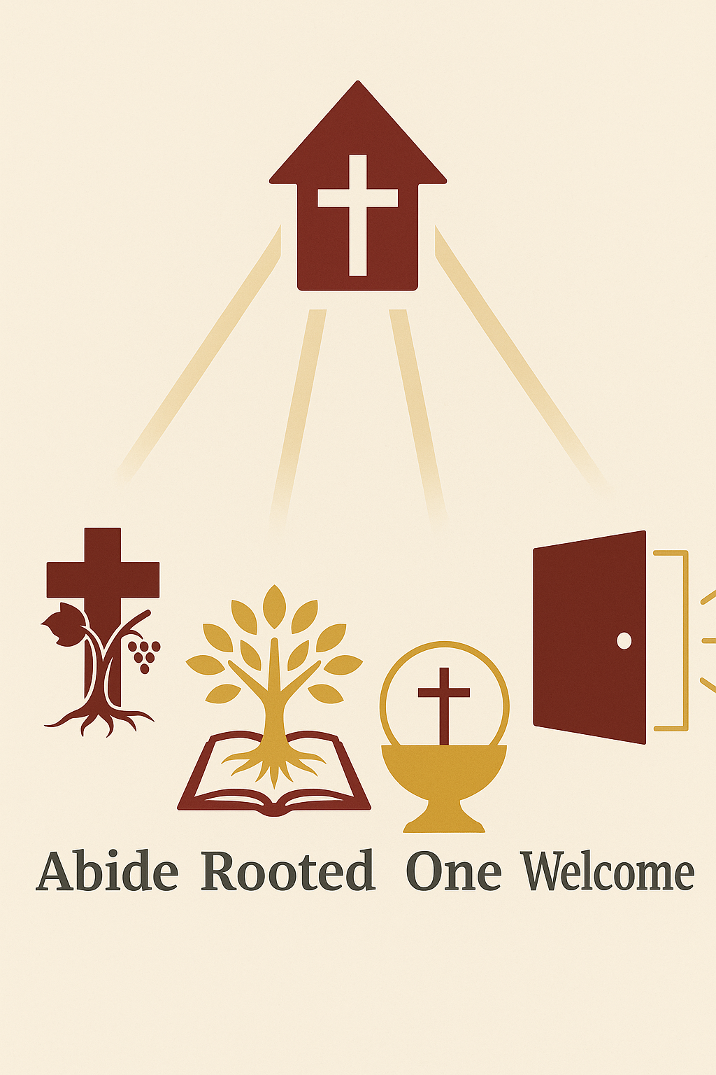 Graphic with religious symbols including a cross, a tree, a Bible, and a baptismal font, along with the words "Abide Rooted" and "One Welcome."
