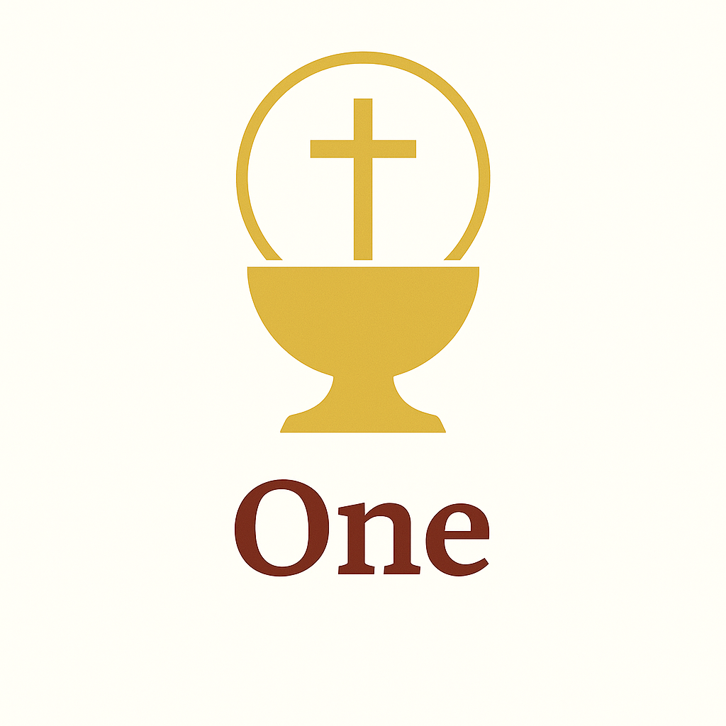 A graphic of a gold chalice with a cross inside a circle above it, and the word 'One' written below in brown letters.