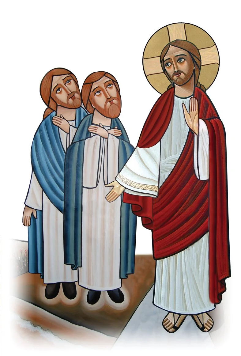 Religious artwork depicting Jesus Christ with two disciples, with a portion of Jesus' face and hand visible in a traditional Christian icon style.