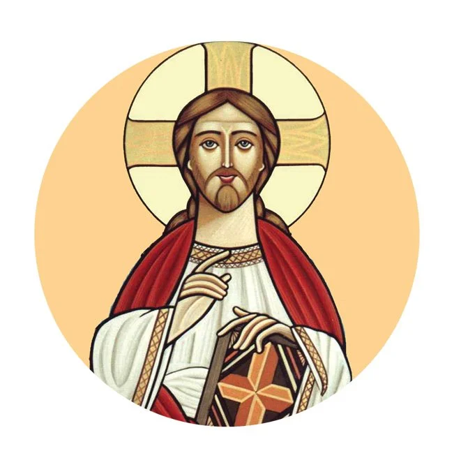 Religious icon of Jesus Christ with a halo, holding a book and making a blessing gesture. Background is light orange, with a cross in the book.