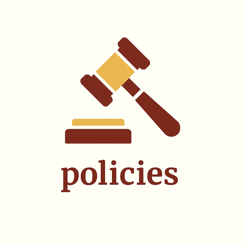 Illustration of a gavel hitting a sound block, with the word 'policies' below.