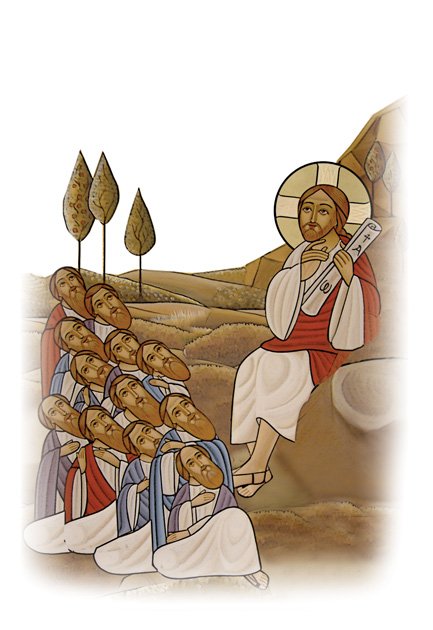 Jesus Christ is depicted sitting on a rock, holding a scroll, with a halo around his head. He is surrounded by a group of followers or disciples, many of whom are looking up at him with admiration. The background shows a landscape with a few trees and rocky terrain.