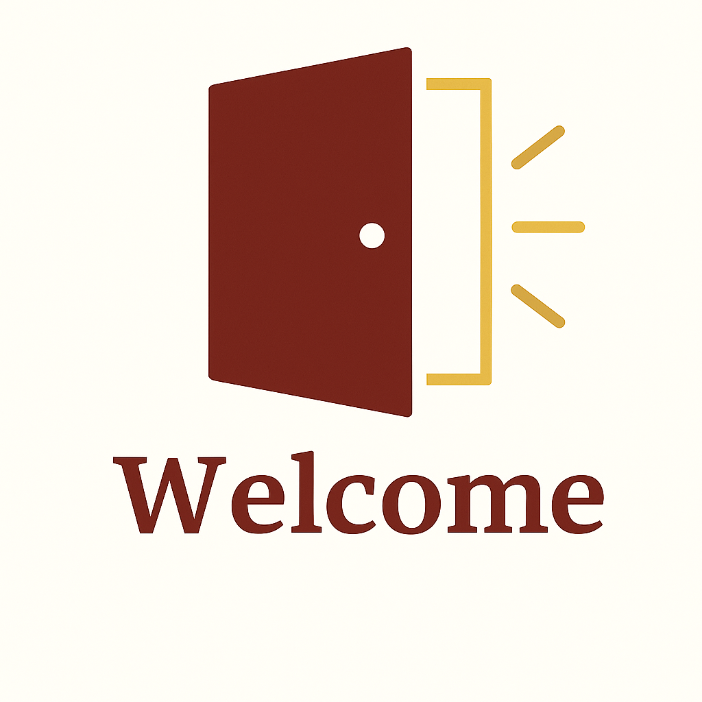 An open door with rays coming out and the word 'Welcome' underneath.