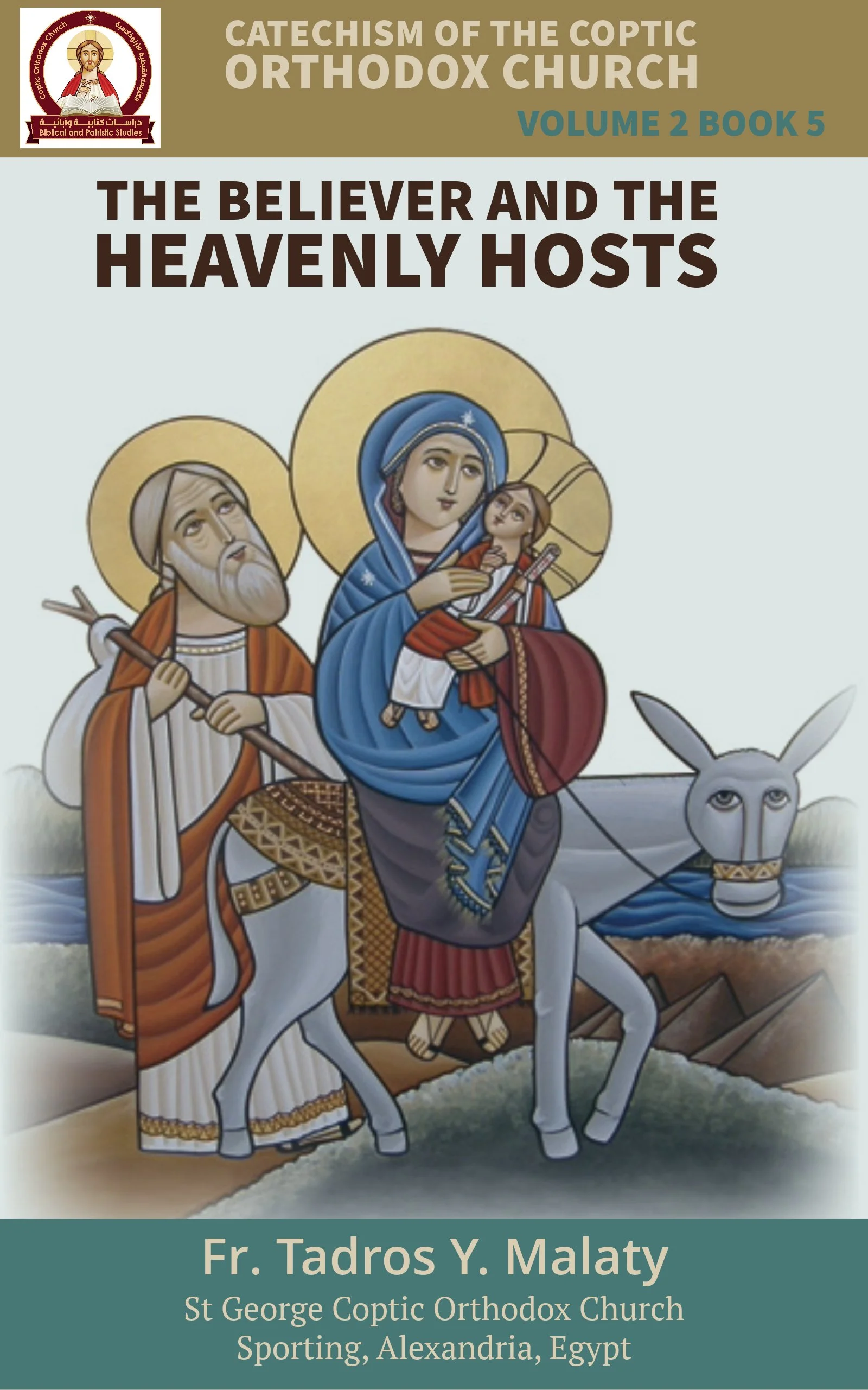 Book cover showing an illustration of Mary holding baby Jesus, with Joseph standing beside them, riding a donkey near a river.
