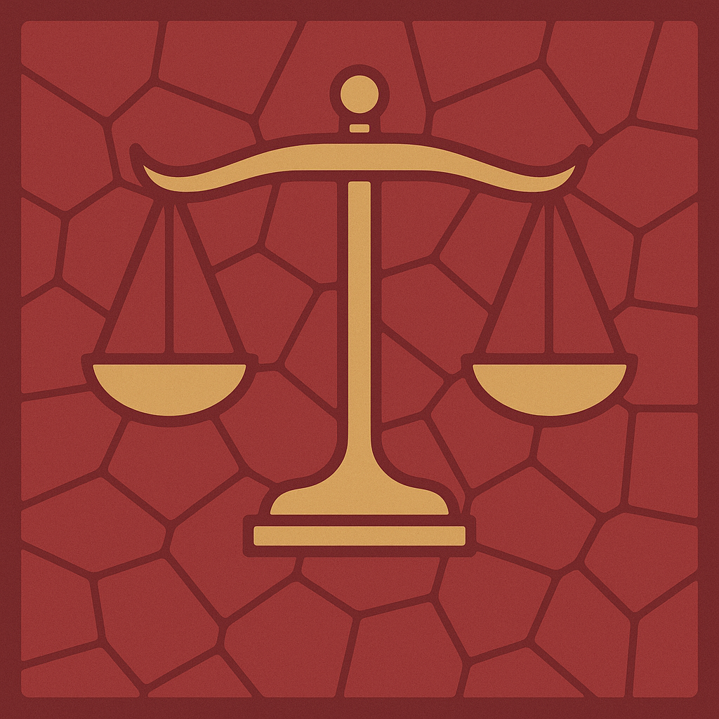 Illustration of balanced scales on a textured red background.