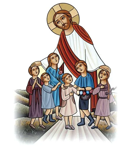 Jesus Christ with children, holding hands, in a biblical illustration style.