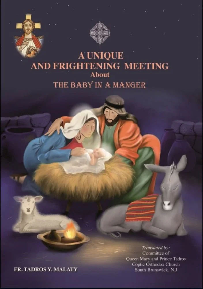 Cover of a booklet titled "A Unique and Frightening Meeting About the Baby in a Manger" showing religious imagery of Mary and Joseph with baby Jesus, a lamb, and a donkey around a manger.