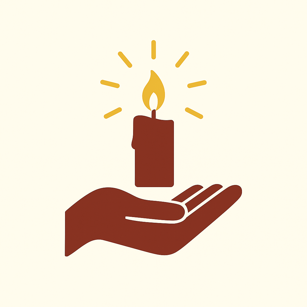 Illustration of a hand holding a lit candle with a flame, surrounded by radiating lines.