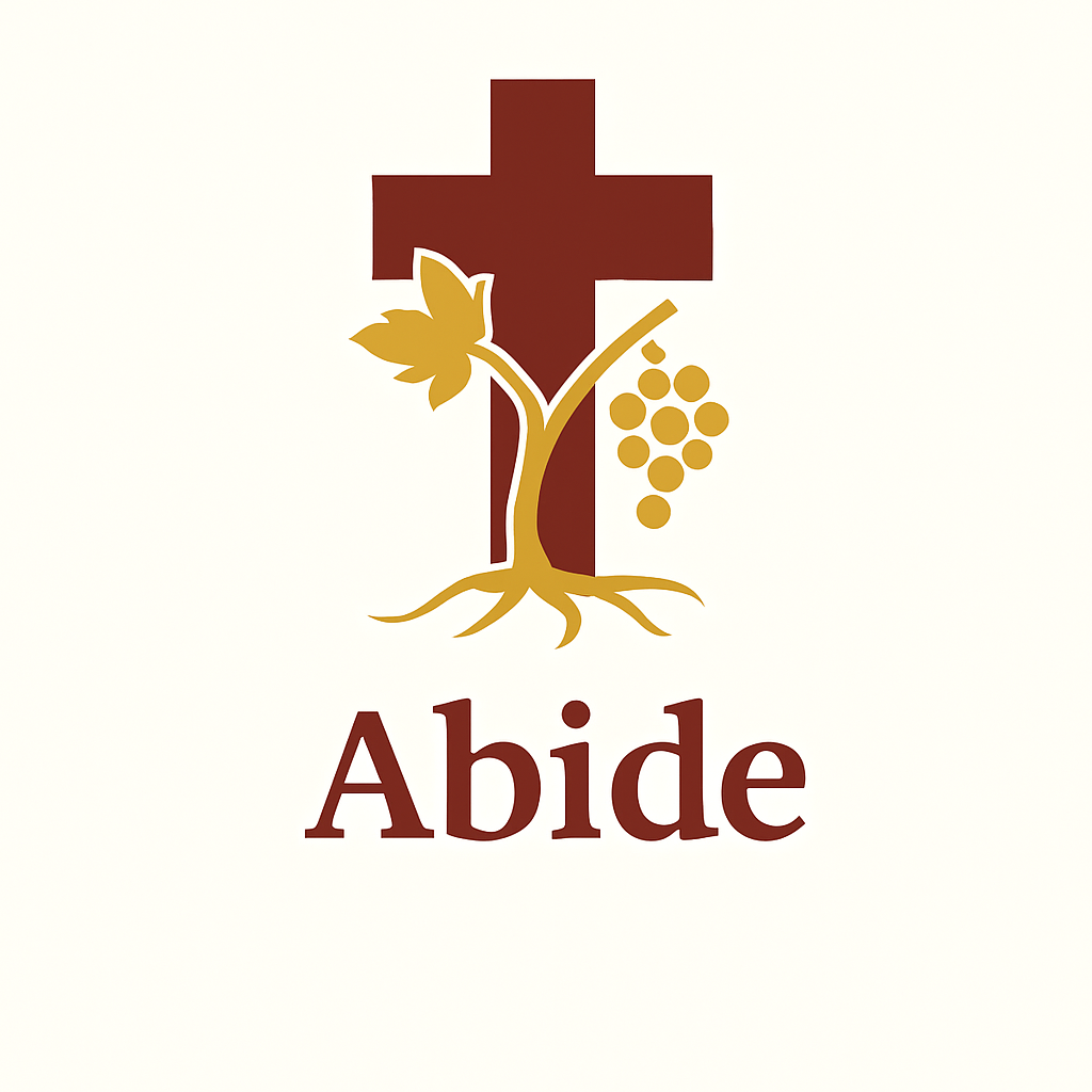 A logo featuring a maroon cross with a brown vine and leaf, and clusters of grapes, with the word 'Abide' written below.